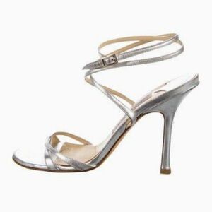 JIMMY CHOO Smooth Metallic Silver Nappa Leather Strappy Ankle Wrap Stiletto 6.5